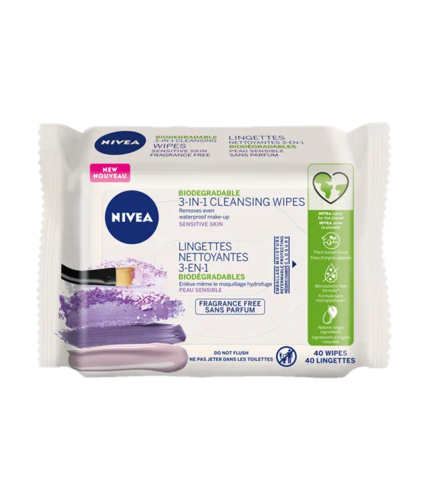 Nivea - 3 in 1 Biodegradable Cleansing Wipes - for Sensitive Skin - Fragrance Free | 40 Wipes