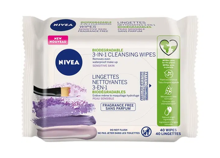 Nivea - 3In1 Biodegradable Cleansing Wipes For Sensitive Skin Fragrance Free | 40 Wipes