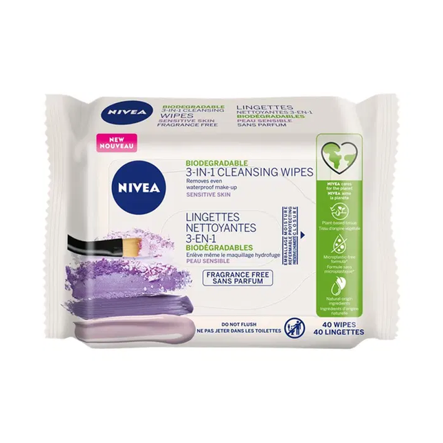 Nivea - Lingettes nettoyantes biodégradables 3 en 1 - pour peaux sensibles - Sans parfum | 40 lingettes
