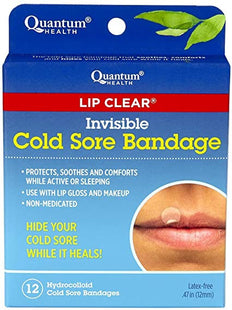 Quantum Health Lip Clear Invisible Cold Sore Bandage | 12 Hydrocolloid Bandages