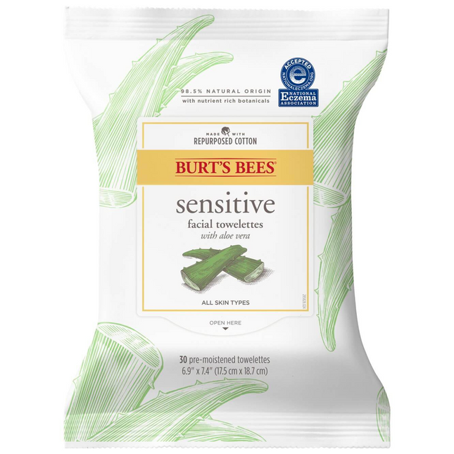 Burt's Bees - Lingettes nettoyantes pour le visage avec extrait de coton pour peaux sensibles | 30 lingettes