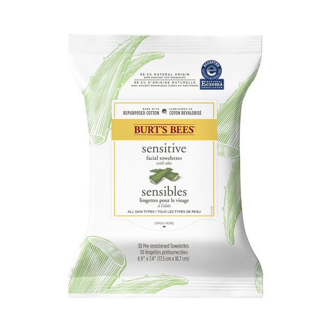 Burt's Bees - Facial Cleansing Towelettes with Cotton Extract for Sensitive Skin | 30 Towelettes