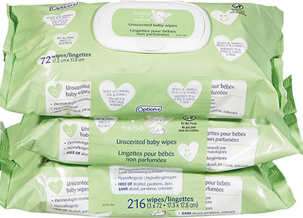Option+ - Unscented Baby Wipes | 3 Packs X 72 Wipes