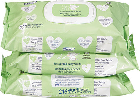Option + - Unscented Baby Wipes | 3 Packs X 72 Wipes