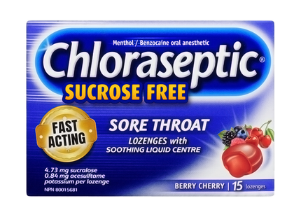 Chloraseptique - Pastilles contre les maux de gorge à action rapide sans saccharose - Baies cerises | 15 pastilles