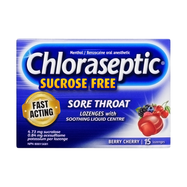 Chloraseptique - Pastilles contre les maux de gorge à action rapide sans saccharose - Baies cerises | 15 pastilles