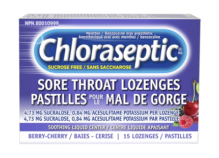Chloraseptic - Pastilles pour la gorge sans sucre, Baies-Cerises | 15 Pastilles