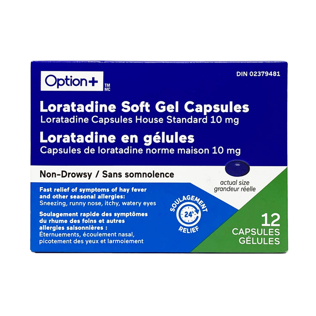 Option+ Soulagement des allergies sans somnolence : capsules molles de loratadine | 12 capsules