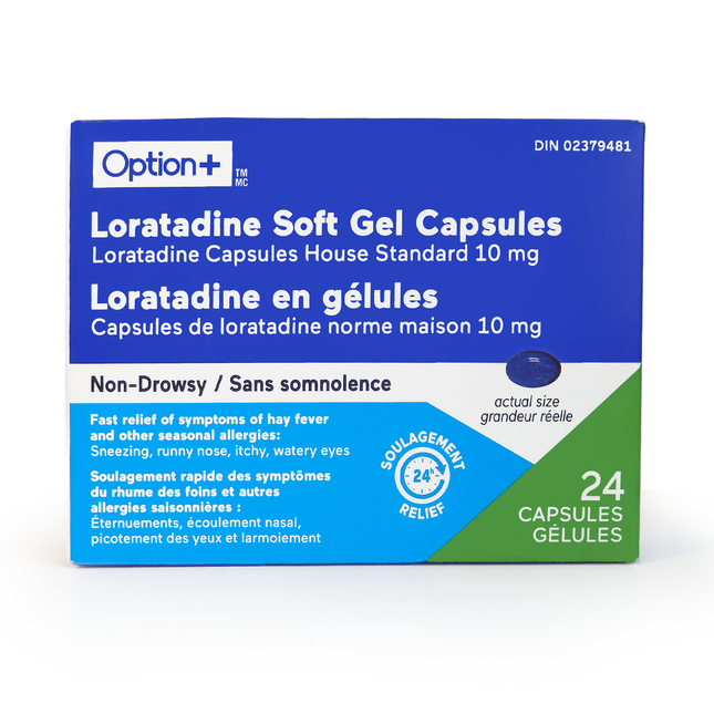 Option+ Soulagement des allergies sans somnolence Capsules de gel mou de Loratadine | 24 gélules