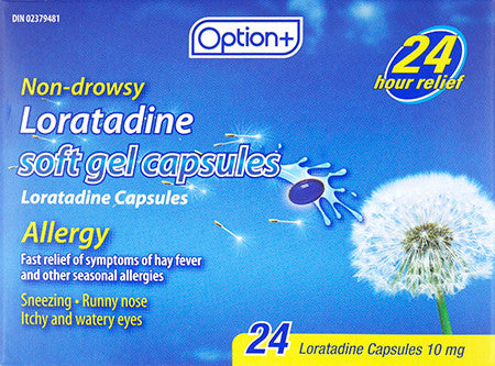 Option+ Soulagement des allergies sans somnolence Capsules de gel mou de Loratadine | 24 gélules