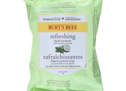 Burt's Bees - Refreshing Facial Towelettes - With Cucumber & Mint | 30 Pre-Moistened Towelettes
