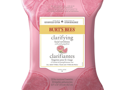 Burt's Bees - Lingettes clarifiantes pour le visage - Au pamplemousse rose | 30 lingettes pré-humidifiées