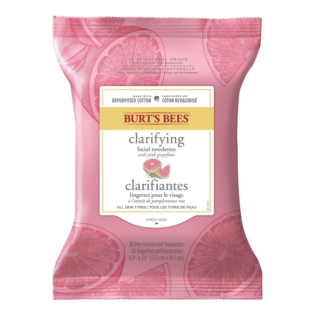 Burt's Bees - Lingettes clarifiantes pour le visage - Au pamplemousse rose | 30 lingettes pré-humidifiées