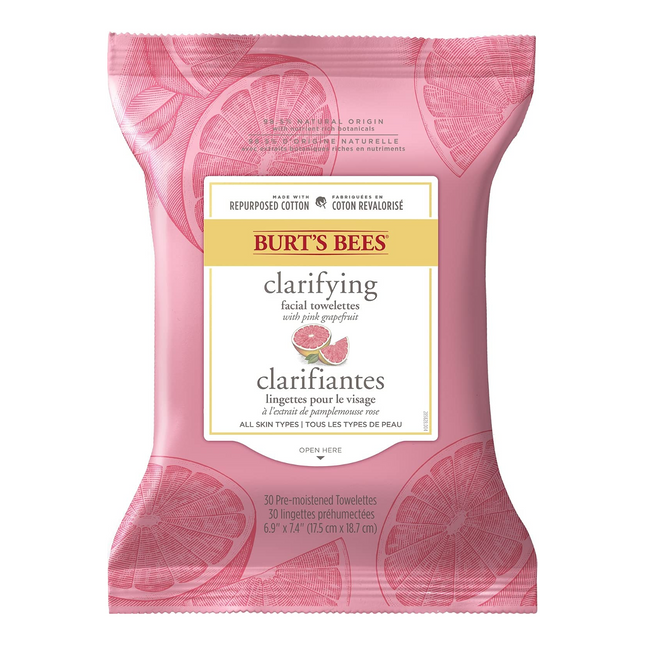 Burt's Bees - Lingettes nettoyantes visage au pamplemousse rose | 30 lingettes pré-humidifiées