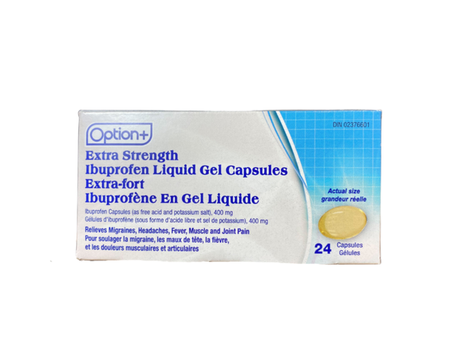 Capsules de gel liquide d'ibuprofène extra fort Option+ - 400 mg | 24 gélules