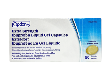 Option+ Capsules de gel liquide d'ibuprofène extra fort | 400 mg X 50 Gélules