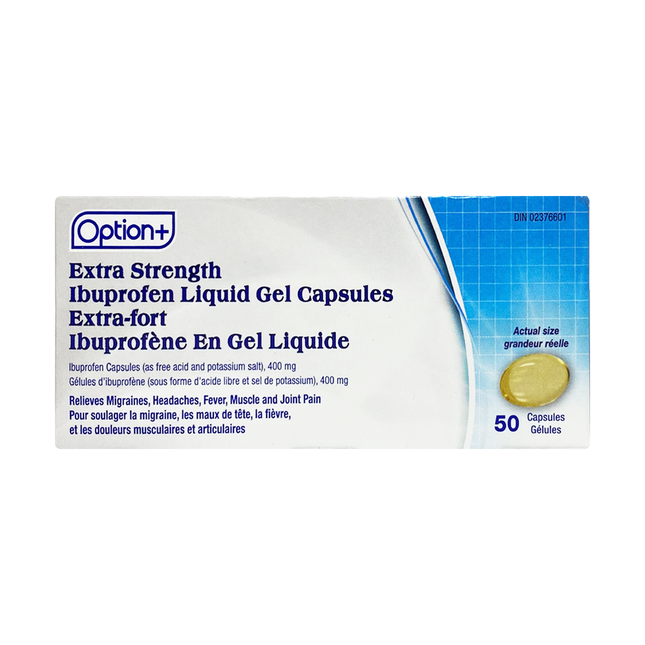 Option+ Capsules de gel liquide d'ibuprofène extra fort | 400 mg X 50 Gélules