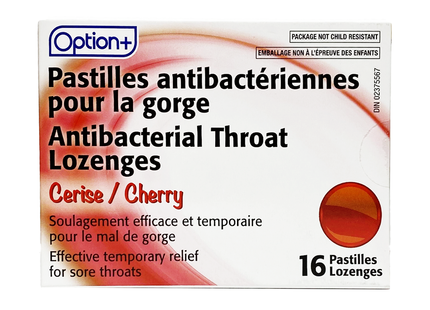 Option+ Antibacterial Throat Lozenges, Cherry | 16 Lozenges