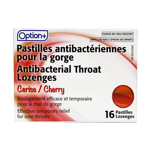 Pastilles antibactériennes pour la gorge Option+, cerise | 16 pastilles
