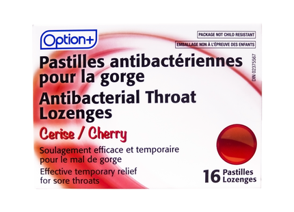 Option+ Antibacterial Throat Lozenges - Cherry | 16 Lozenges