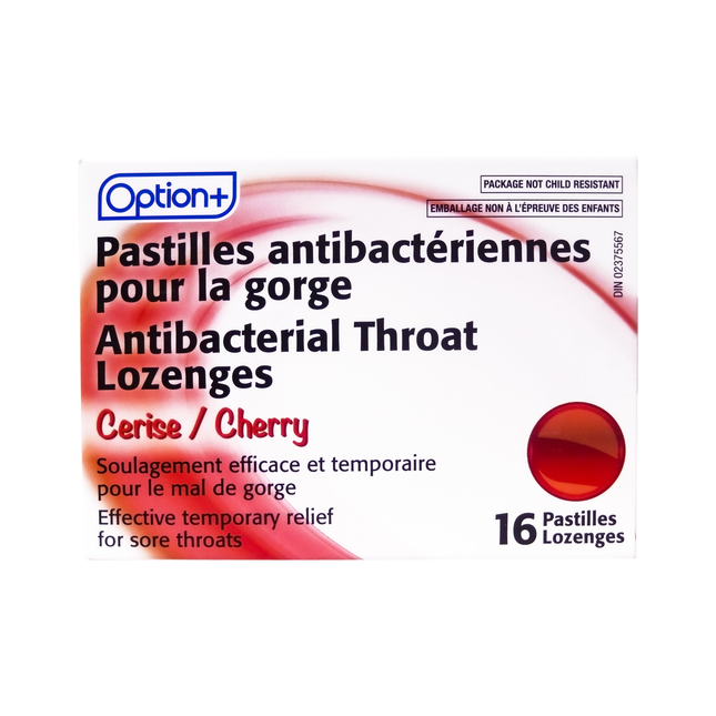 Option+ Antibacterial Throat Lozenges - Cherry | 16 Lozenges