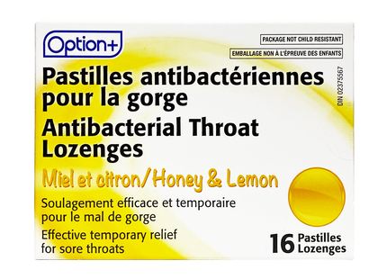 Pastilles antibactériennes pour la gorge Option+, miel et citron | 16 pastilles