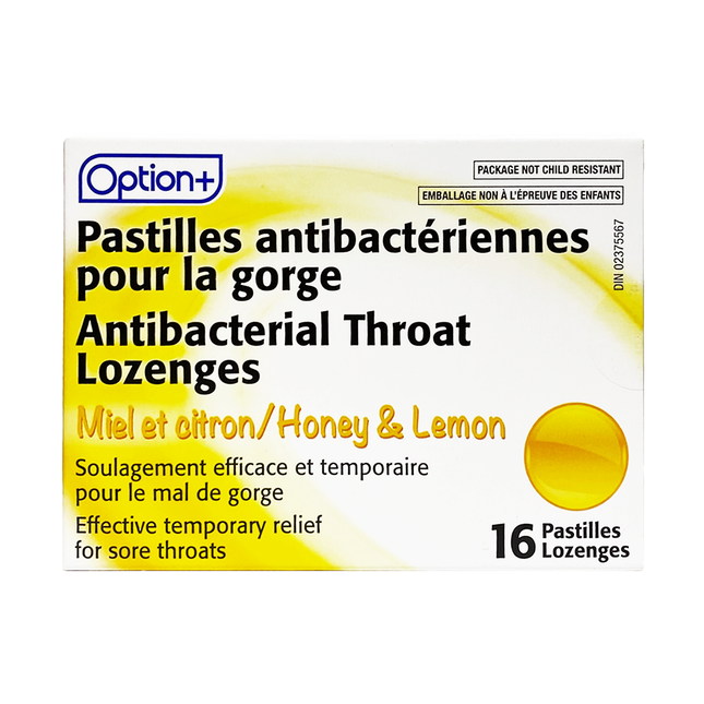 Pastilles antibactériennes pour la gorge Option+, miel et citron | 16 pastilles