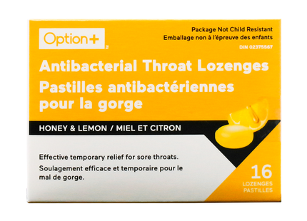 Option+ Antibacterial Throat Lozenges, Honey & Lemon | 16 Lozenges