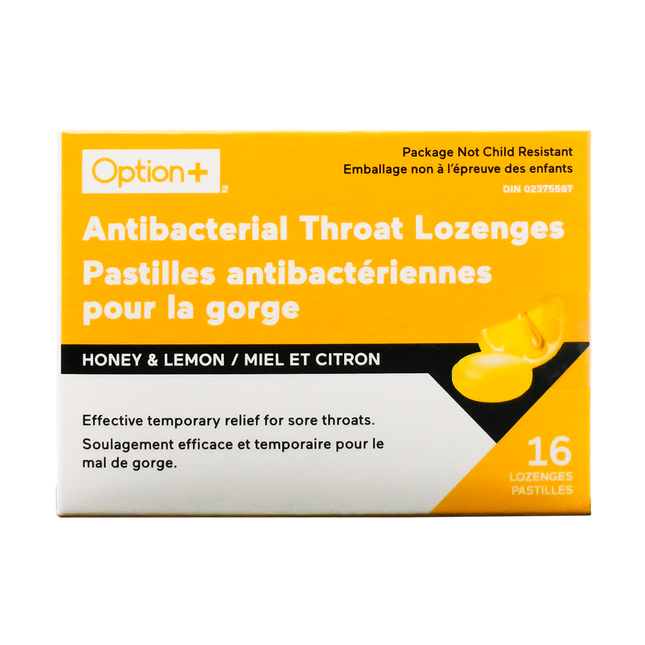 Option+ Antibacterial Throat Lozenges, Honey & Lemon | 16 Lozenges