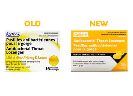 Option+ Antibacterial Throat Lozenges, Honey & Lemon | 16 Lozenges