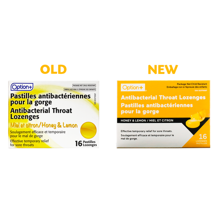 Pastilles antibactériennes pour la gorge Option+, miel et citron | 16 pastilles