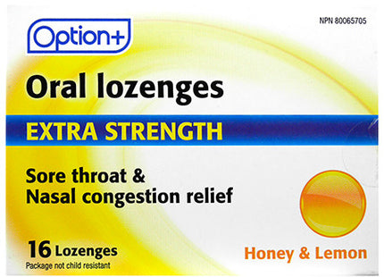 Option+ Antibacterial Throat Lozenges - Honey & Lemon | 16 Lozenges