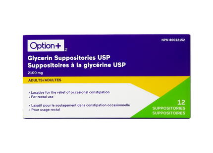 Suppositoires à la glycérine Option+ pour adultes | 12 suppositoires