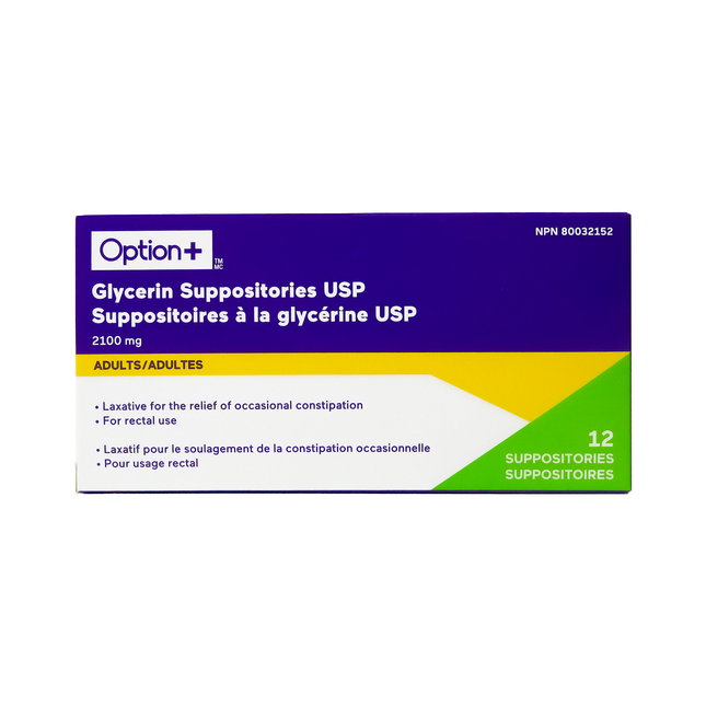 Suppositoires à la glycérine Option+ pour adultes | 12 suppositoires