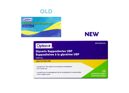 Suppositoires à la glycérine Option+ pour adultes | 12 suppositoires