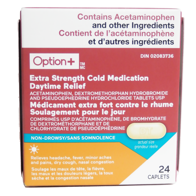 Option+ Médicaments contre le rhume extra-puissants pour soulager le jour | 24 caplets