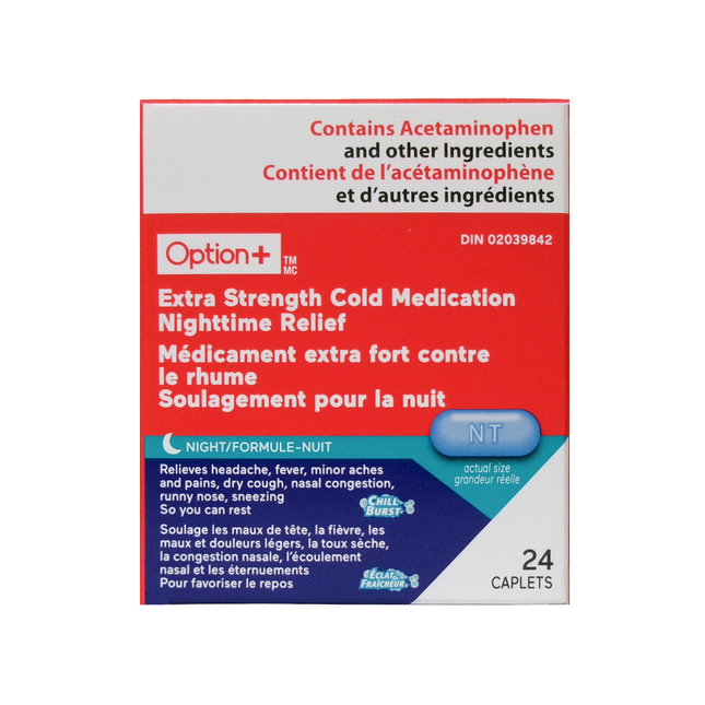 Option+ Médicaments contre le rhume extra-puissants pour soulager la nuit | 24 caplets