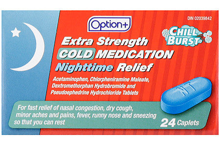 Option+ Médicaments contre le rhume extra-puissants pour soulager la nuit | 24 caplets