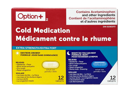 Option+ Pack combiné de médicaments contre le rhume extra fort | 12 caplets de jour + 12 caplets de nuit