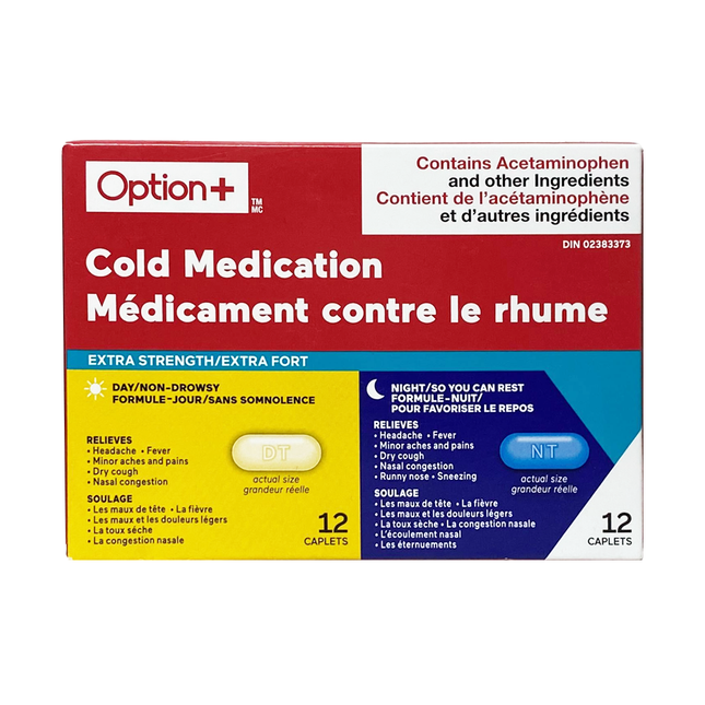 Option+ Pack combiné de médicaments contre le rhume extra fort | 12 caplets de jour + 12 caplets de nuit