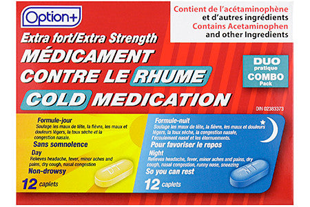 Option+ Pack combiné de médicaments contre le rhume extra fort | 12 caplets de jour + 12 caplets de nuit