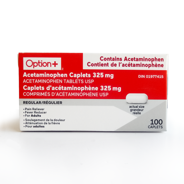 Caplets d'acétaminophène réguliers Option+ - 325 mg | 100 comprimés