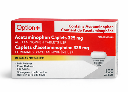 Caplets d'acétaminophène réguliers Option+ - 325 mg | 100 comprimés