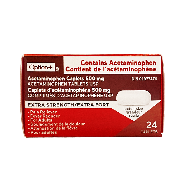 Option+ Comprimés d'acétaminophène 500 mg, extra fort | 24 comprimés