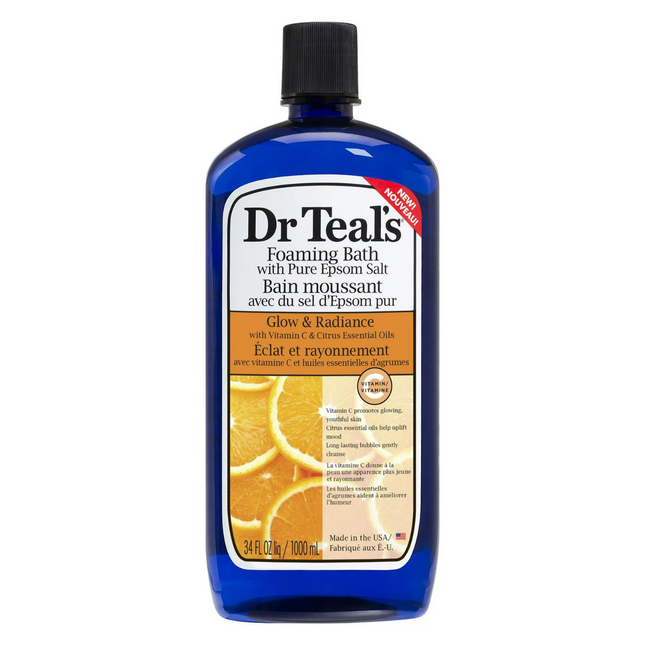 Dr Teal's - Éclat et éclat avec de la vitamine C et des huiles essentielles d'agrumes moussantes | 1LBain au sel d'Epsom pur 