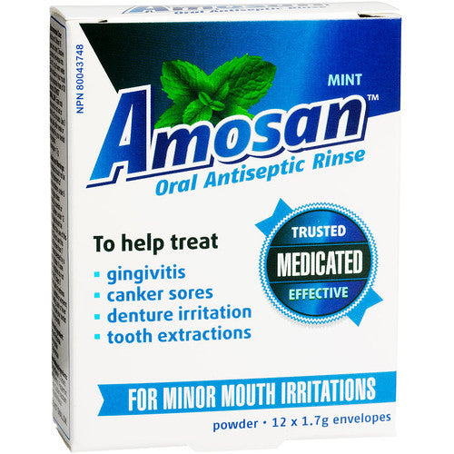Amosan - Rinçage antiseptique oral pour les irritations mineures de la bouche - Menthe | 12 enveloppes x 1,7 g