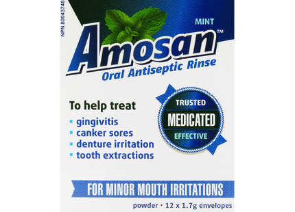 Amosan - Rinçage antiseptique oral pour les irritations mineures de la bouche - Menthe | 12 enveloppes x 1,7 g