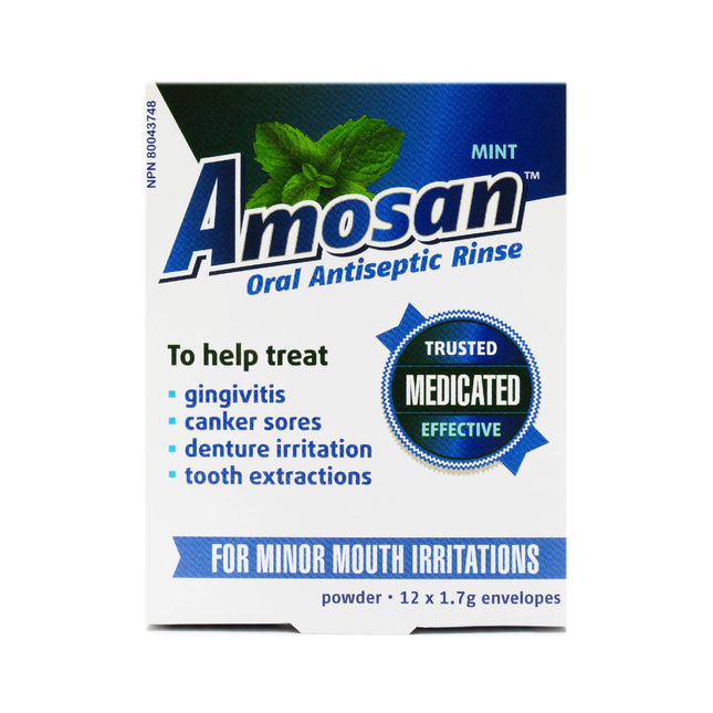 Amosan - Rinçage antiseptique oral pour les irritations mineures de la bouche - Menthe | 12 enveloppes x 1,7 g