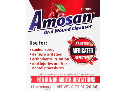 Amosan - Rinçage antiseptique oral - Cerise | 12 enveloppes de 1,7 g