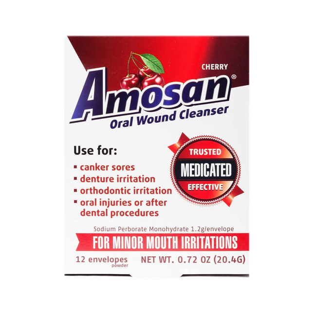 Amosan - Rinçage antiseptique oral - Cerise | 12 enveloppes de 1,7 g